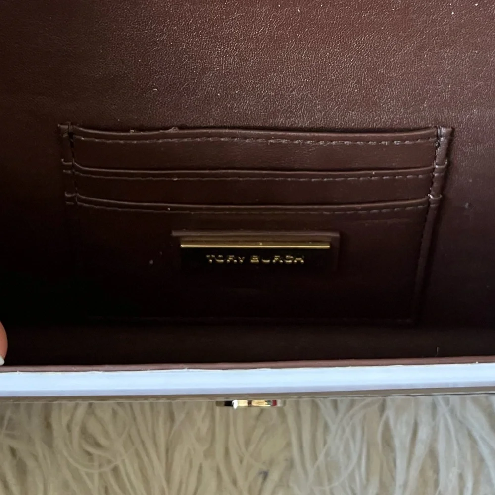 Tory Burch Reyna Multicolor Block Resin Brown Wood Striped Glossy Clutch Bag OS